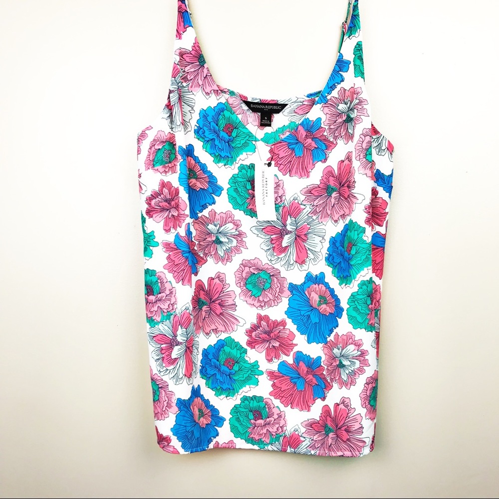 Banana Republic White Floral Tank Top with Pink, Blue and Teal Flowers